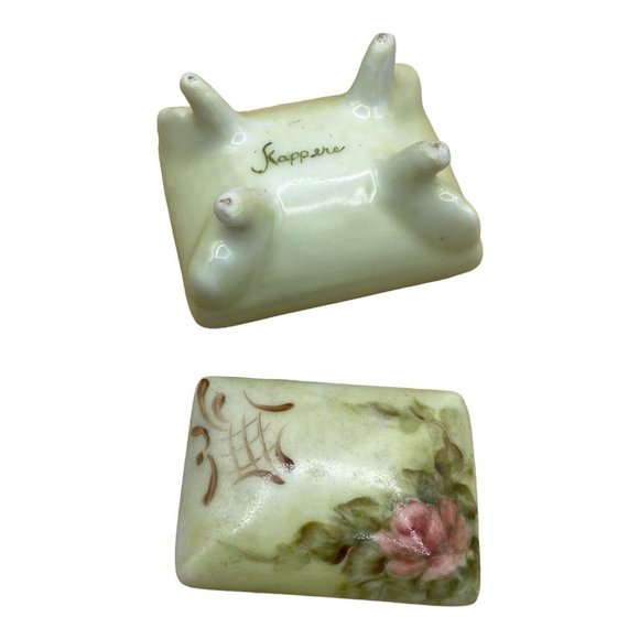 Vintage Skappers Miniature Porcelain Square Trinket Box Green Gold - Picture 2 of 10